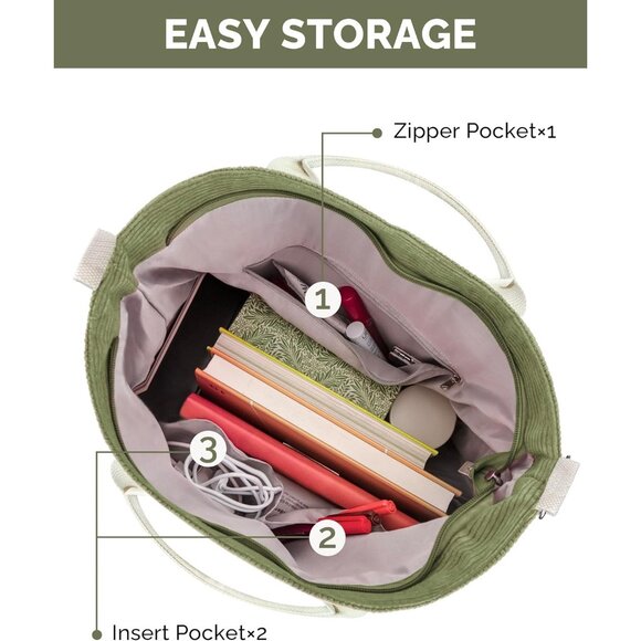 Prite Women Green Corduroy Large Hobo Shoulder Crossbody Tote Bag With Pockets - Picture 4 of 6